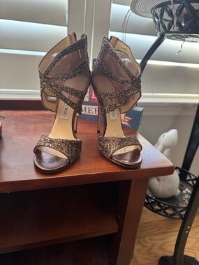Jimmy Choo Rose Gold Glitter Strappy Stiletto Sandals